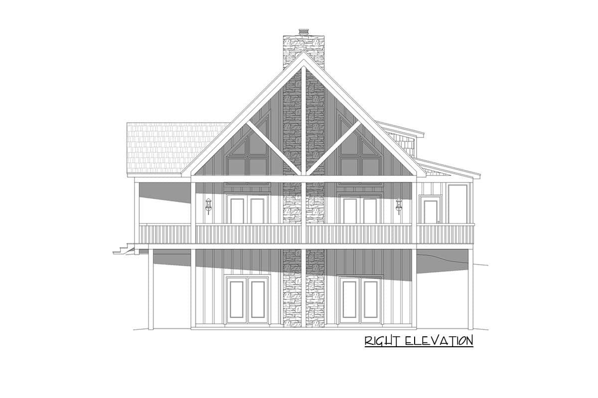 Right elevation drawing of a house plan with a large gable, stone chimney, and wraparound balconies.