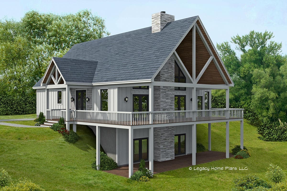 House plan exterior with board and batten siding, raised deck, and gable roof. Stone chimney with exposed timber detailing.