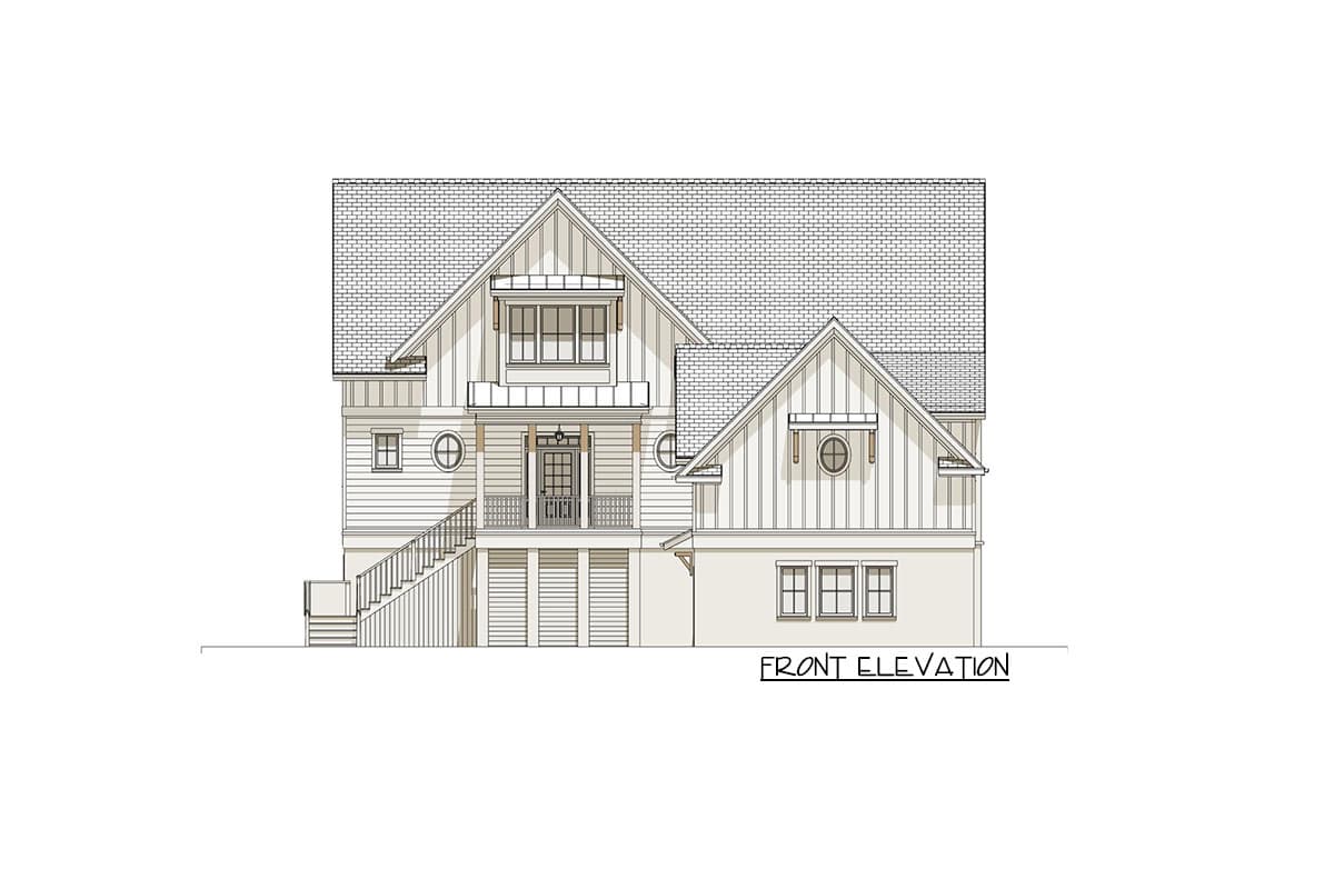 Front elevation drawing of a two-story house with gables, a covered porch, dormers, and a pitched roof.