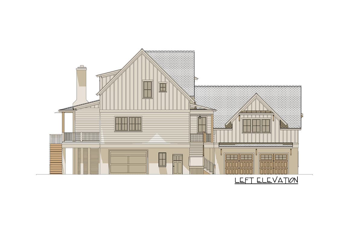 Left elevation house plan shows a multi-story house with gables, dormers, covered porch, and three-car garage.