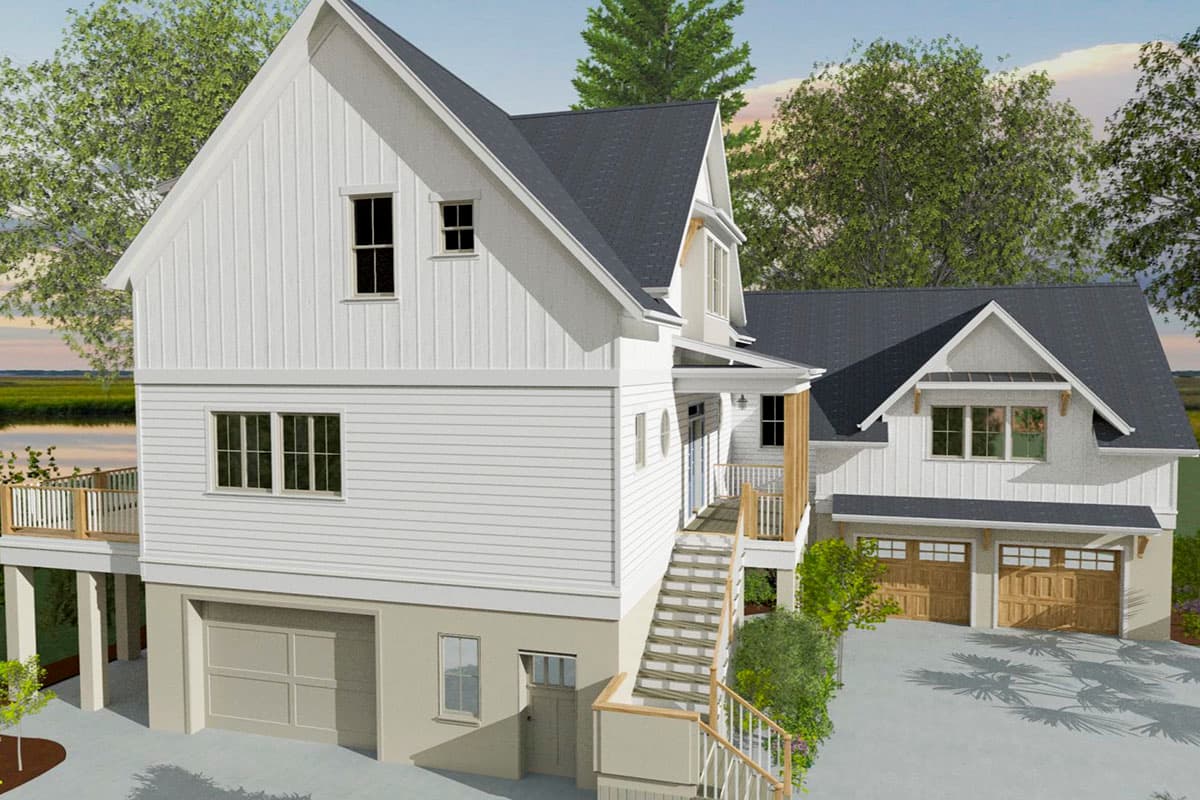 Modern Farmhouse house plan exterior with vertical siding, gables, dormers, multi-story design, and a two-car garage.