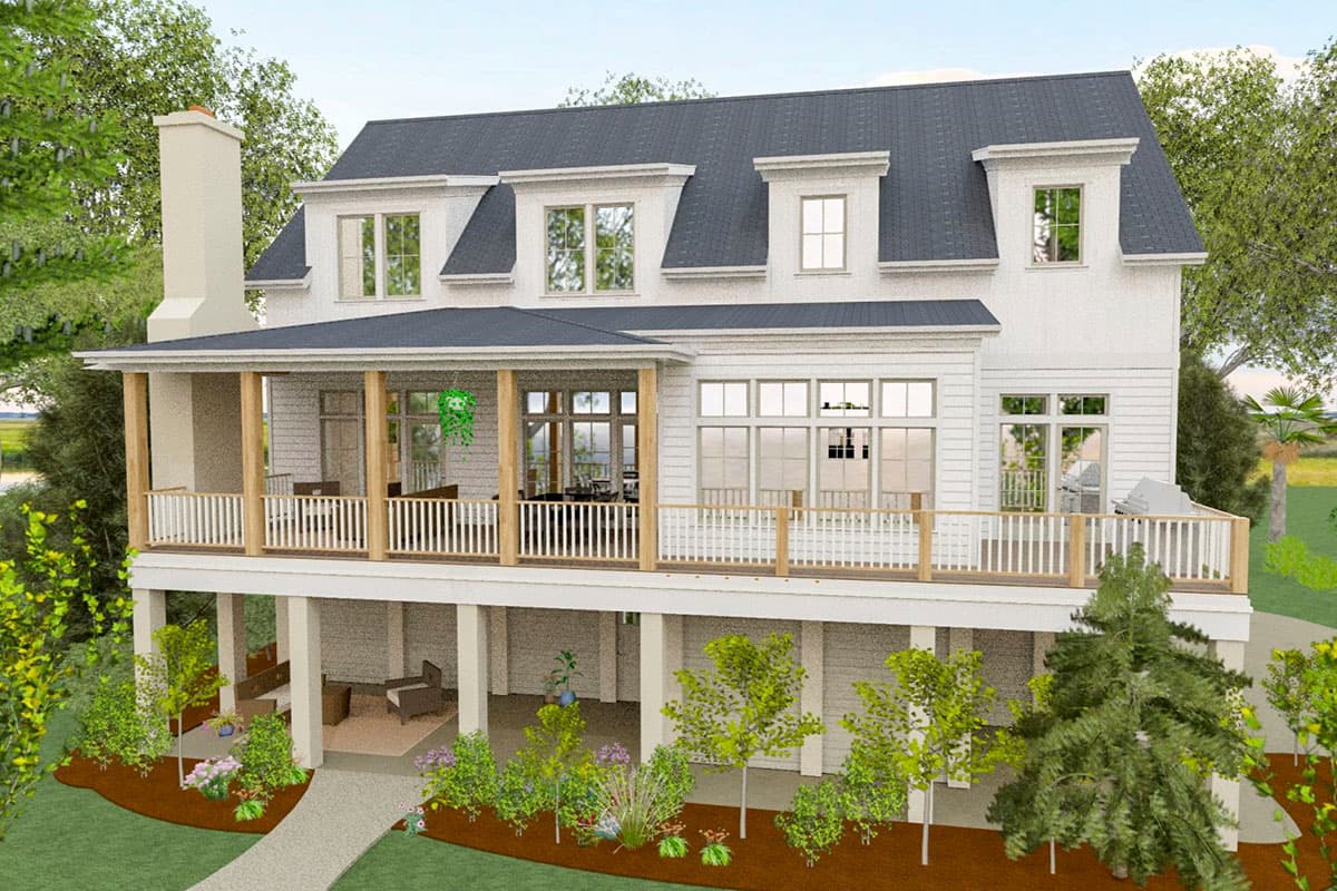 House plan exterior: Two-story Modern Farmhouse with wraparound porch, dormers, and white lap siding.