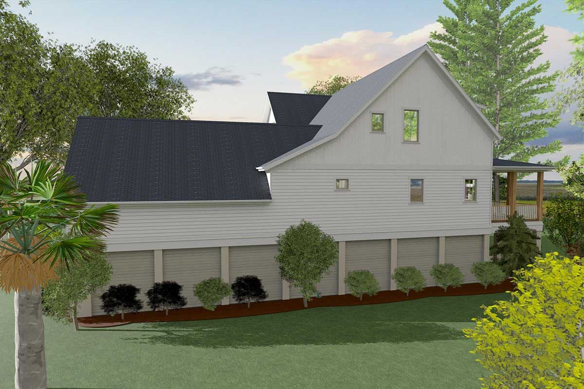 House plan exterior, two stories, white siding, gabled roof, dormers, and covered porch with white railing.