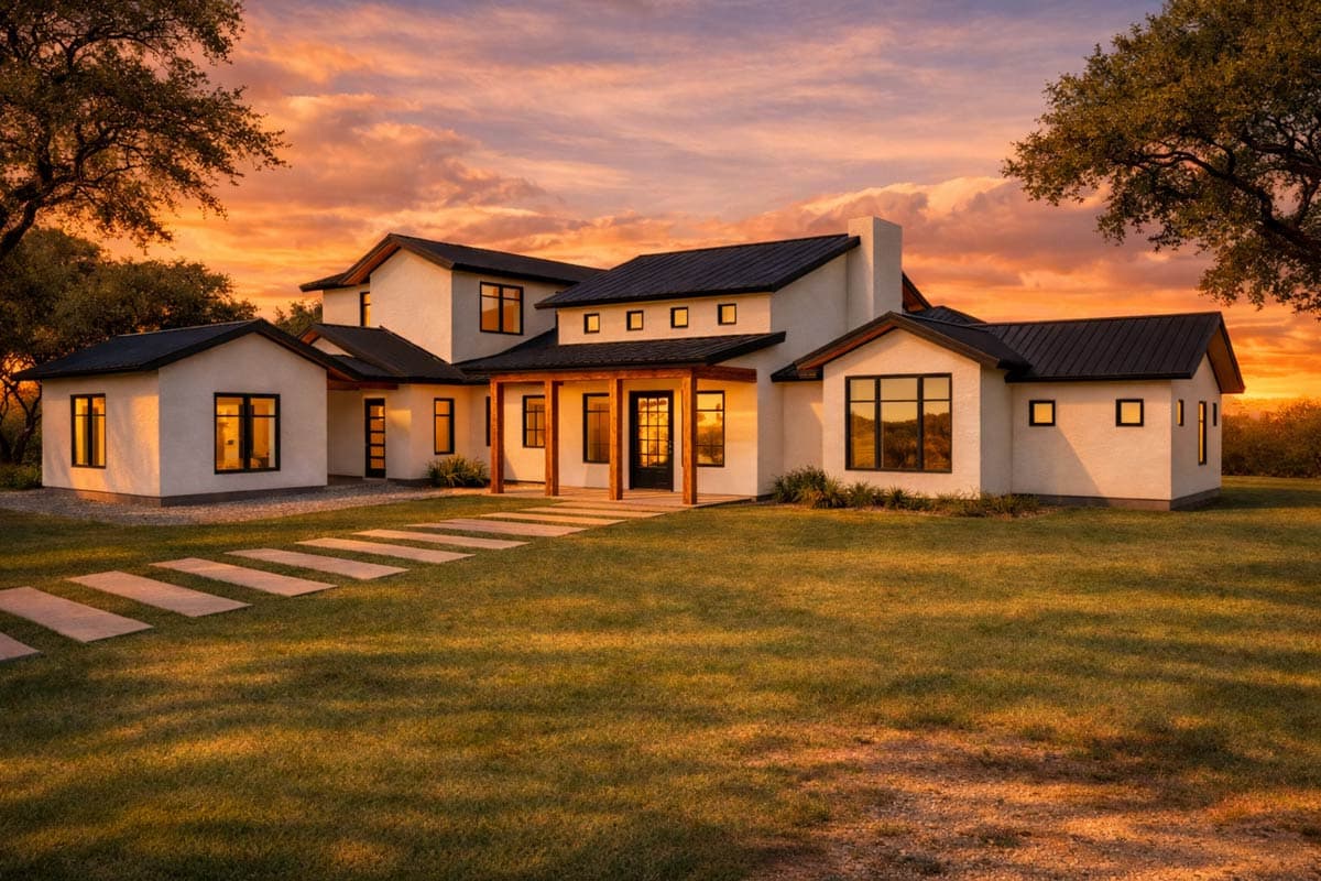 Modern house plan exterior with stucco walls, multiple gables, dark metal roof, and covered entrance.
