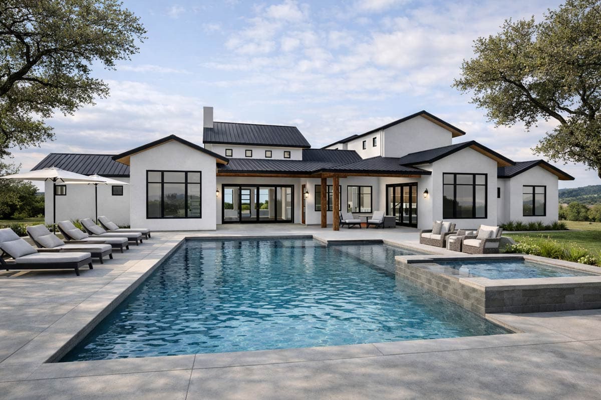 Modern farmhouse exterior house plan with white stucco, black metal roof, expansive windows, covered patio, pool, and spa.