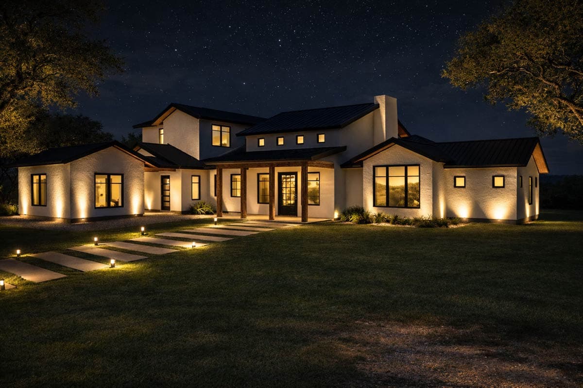 Modern house plan exterior with stucco finish, multiple gables, covered entry with wood posts, and numerous large windows.