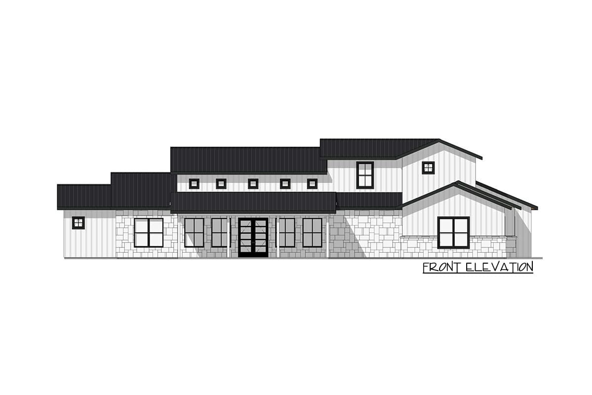 Front elevation drawing of a two-story house with white board-and-batten siding, stone accents, and a dark metal roof.
