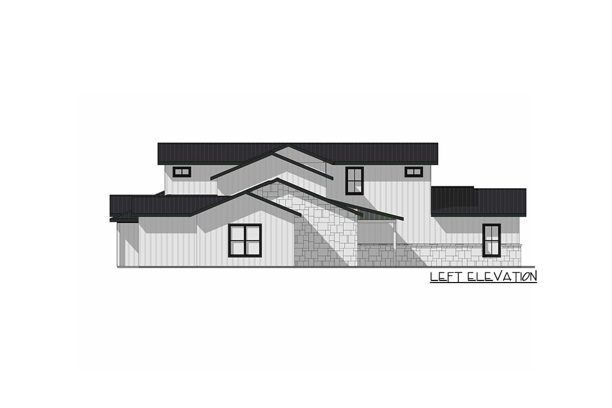 Left elevation drawing of a two-story house plan with vertical siding, stone accents, and gabled rooflines.
