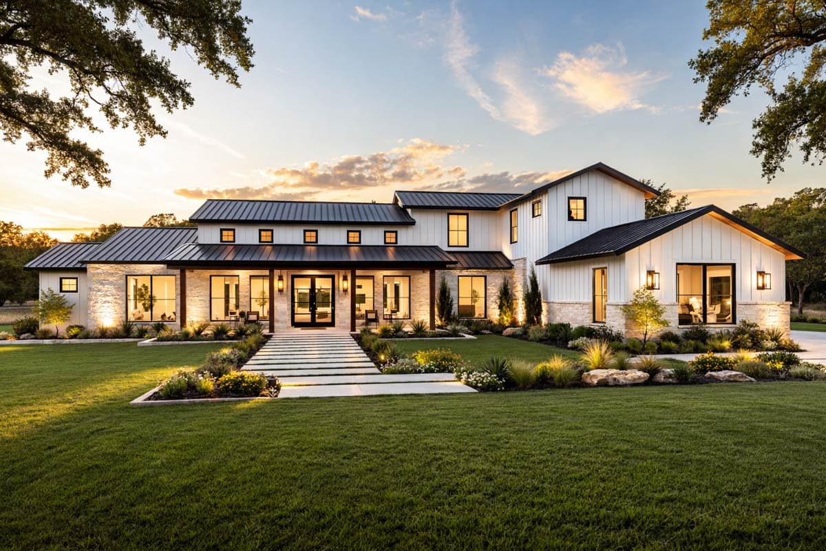 Modern farmhouse house plan exterior with white board-and-batten siding, stone accents, and metal roof.