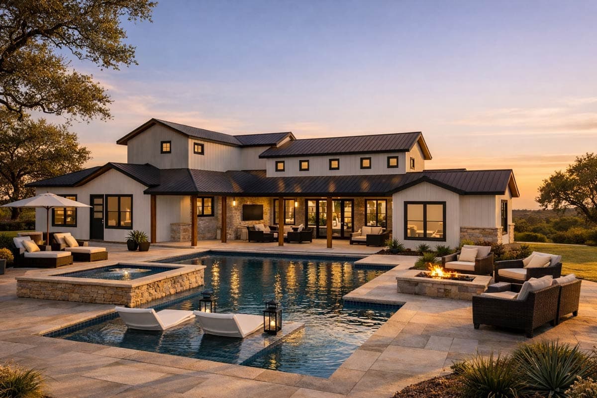 Modern farmhouse exterior with metal roof, gables, covered patio, and pool.