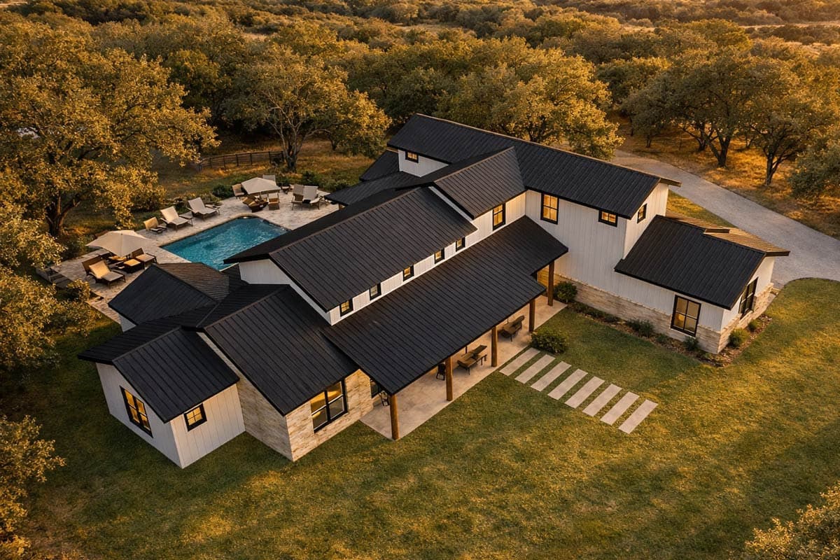 Modern farmhouse exterior with dark metal gabled roof, white siding, stone accents, covered porch, and swimming pool.