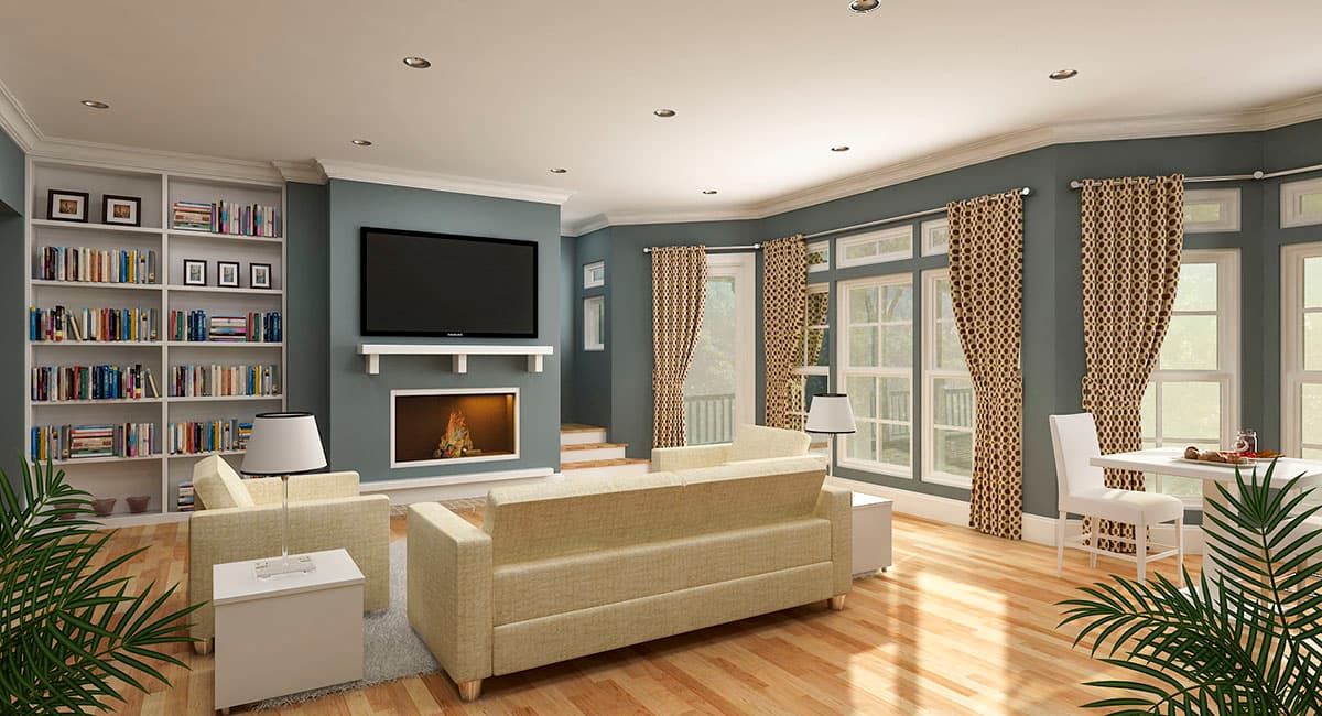 Interior rendering of a living room with a fireplace, built-in bookshelves, large windows, and a sofa.