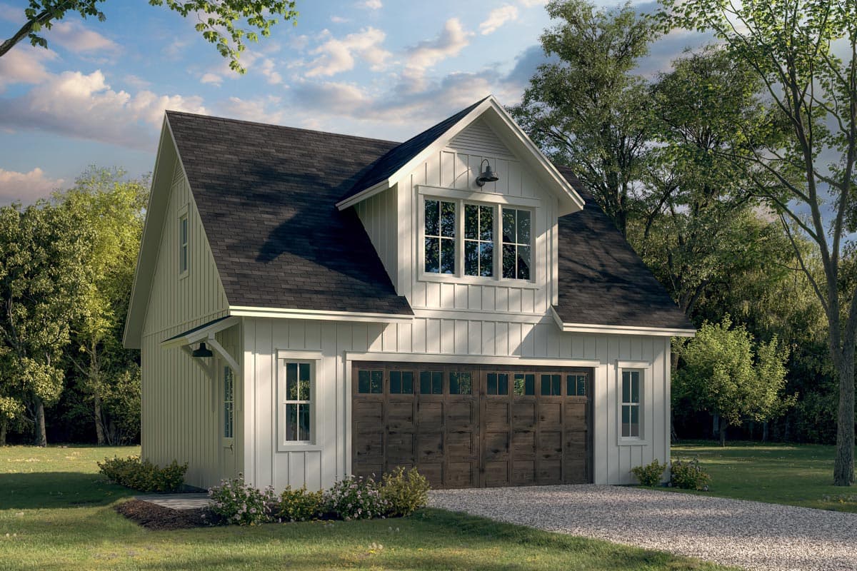 House plan exterior. A two-story Modern Farmhouse with gabled roof, dormer window, and paneled garage door. Vertical siding and asphalt roof.