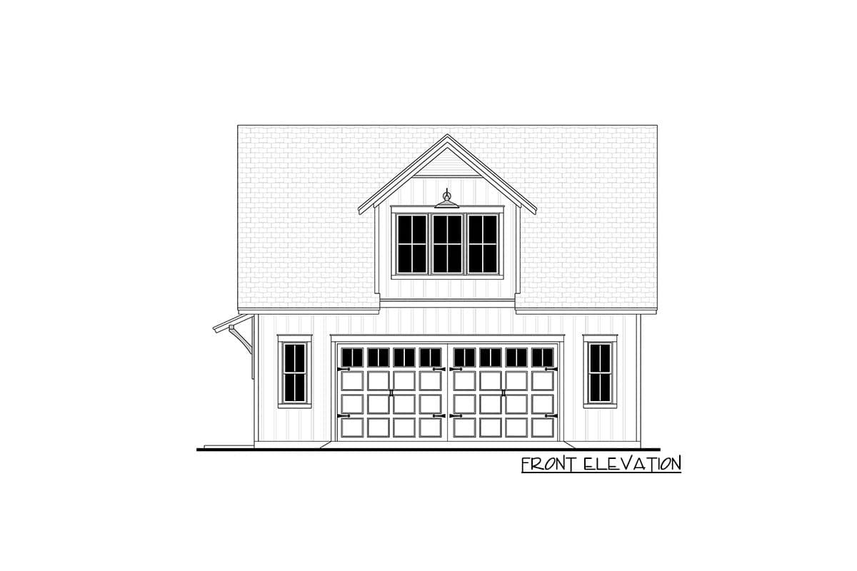 Front elevation drawing of a two-story house plan featuring a gabled dormer, double garage doors, and symmetrical windows.