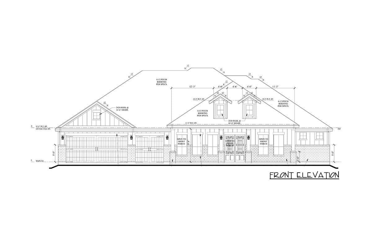 Front elevation drawing of a house plan showing a gabled front, dormers, garage doors, and covered porches.