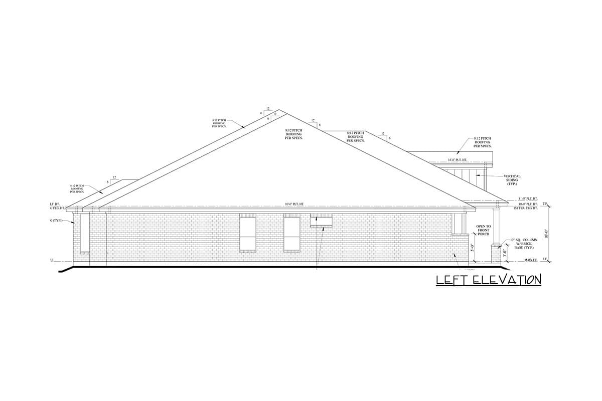Left elevation drawing of house plan featuring brick exterior, gabled roof with 8:12 pitch, and an open front porch with square columns.