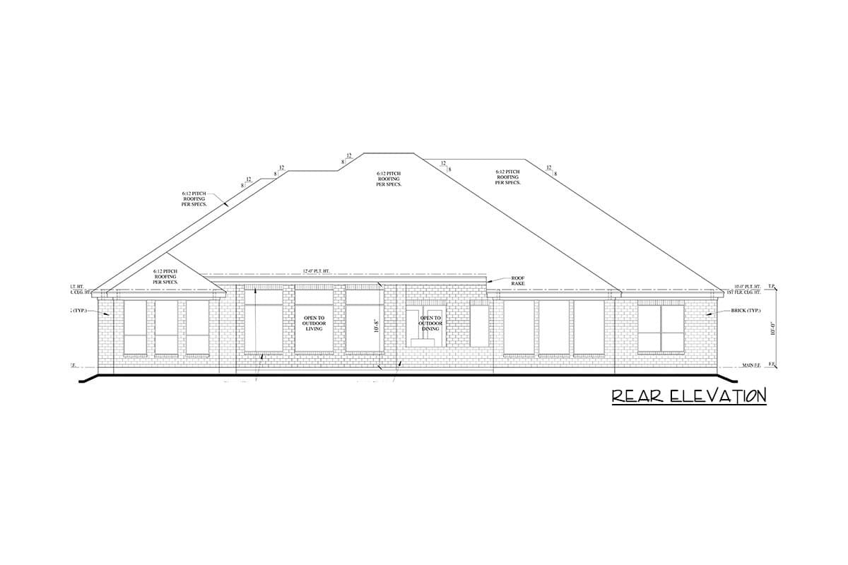 Rear elevation drawing of a house with brick exterior, prominent gables, and openings for outdoor living and dining.
