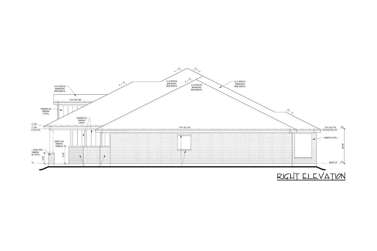 Right elevation of a house plan showing brick base, vertical siding, and open front porch with a pitched roof.