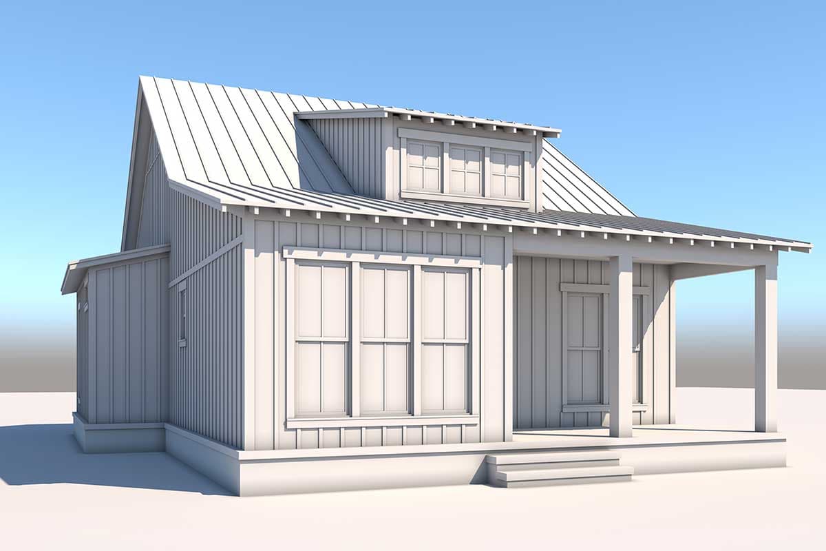 House plan exterior rendering of a one-story Modern Farmhouse with gabled dormer, metal roof, board-and-batten siding, and covered porch.