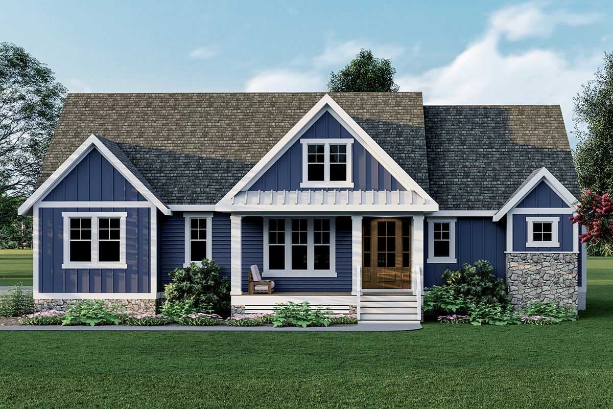 House plan exterior: Blue Modern Farmhouse, one story, with front porch, gables, and stone accents.
