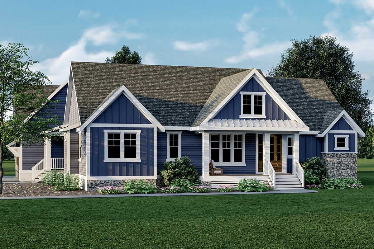Modern Farmhouse style house plan exterior with a prominent gabled roof, covered front porch, and stone accents.