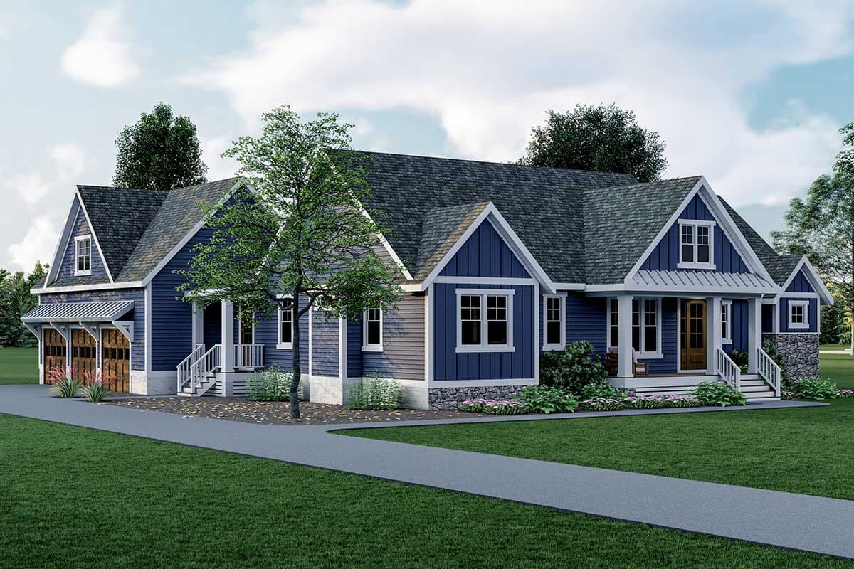 House plan exterior. Craftsman style, one-story home with gabled roof, dormers, and front porch with columns. Attached garage with awning.