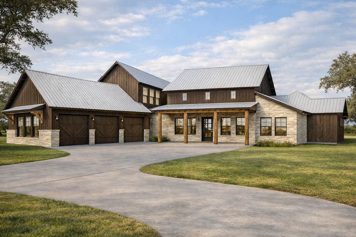 House plan exterior. Two-story Modern Farmhouse with a metal roof, stone and wood siding, and a covered porch with timber posts.