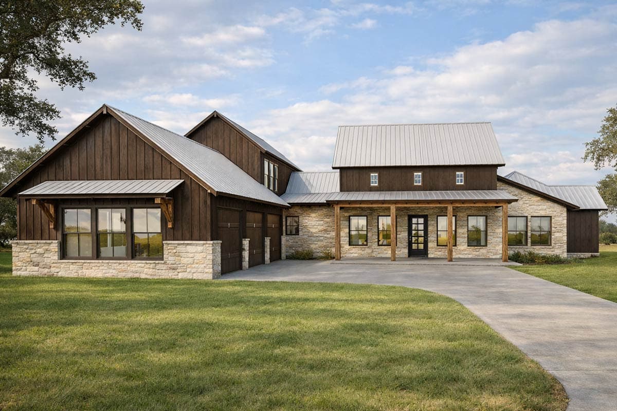 House plan exterior with stone and wood siding, metal roof, covered front porch, and a three-car garage.