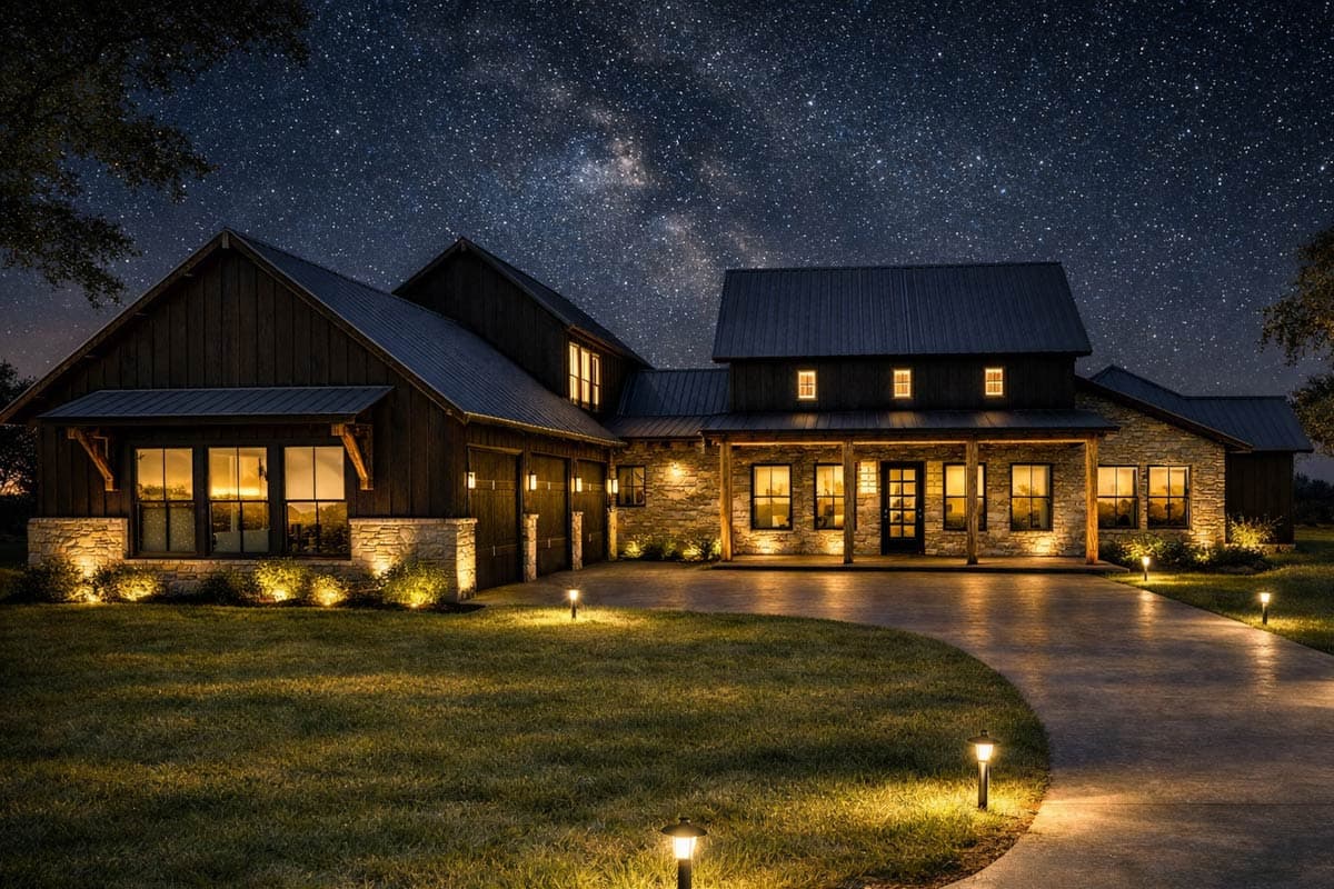 Modern farmhouse exterior with stone and wood siding, metal roof, large windows, and a covered porch.