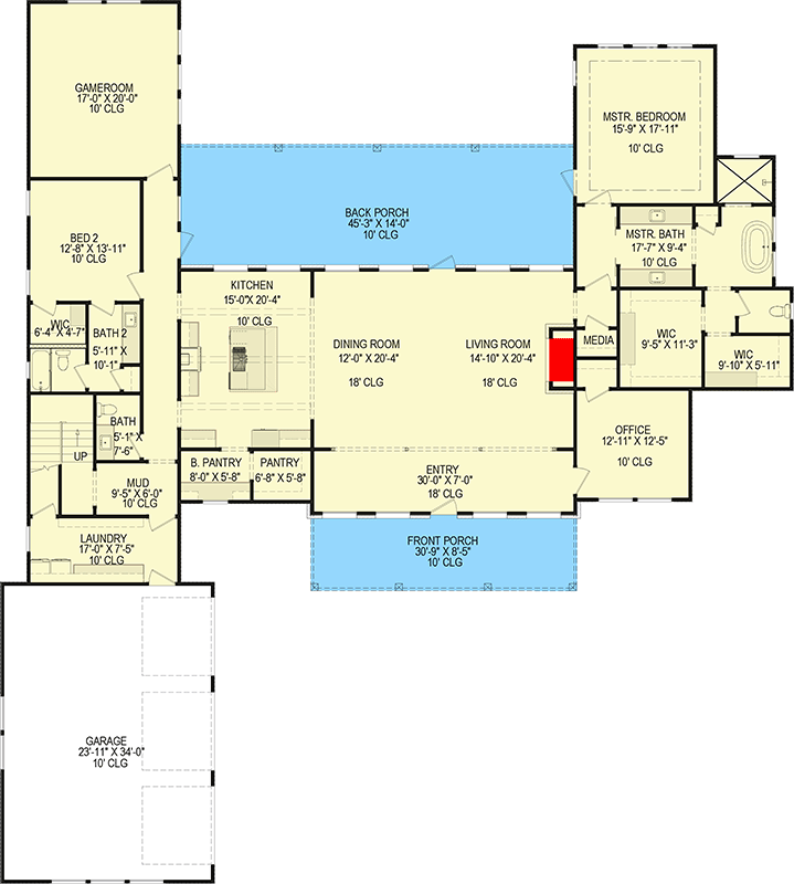 Plan 150005HRP: 4-Bed Transitional Mountain House Plan with 2-Story Great Room - Floor Plan - Main Level - Craftsman, Mountain, New American, Rustic, Transitional