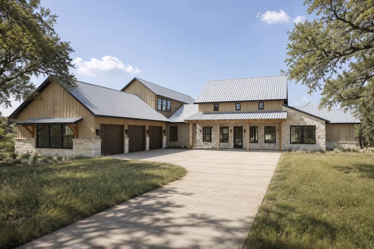 House plan exterior. Two-story Modern Farmhouse with a metal roof, stone and wood siding, and a covered porch with timber posts.
