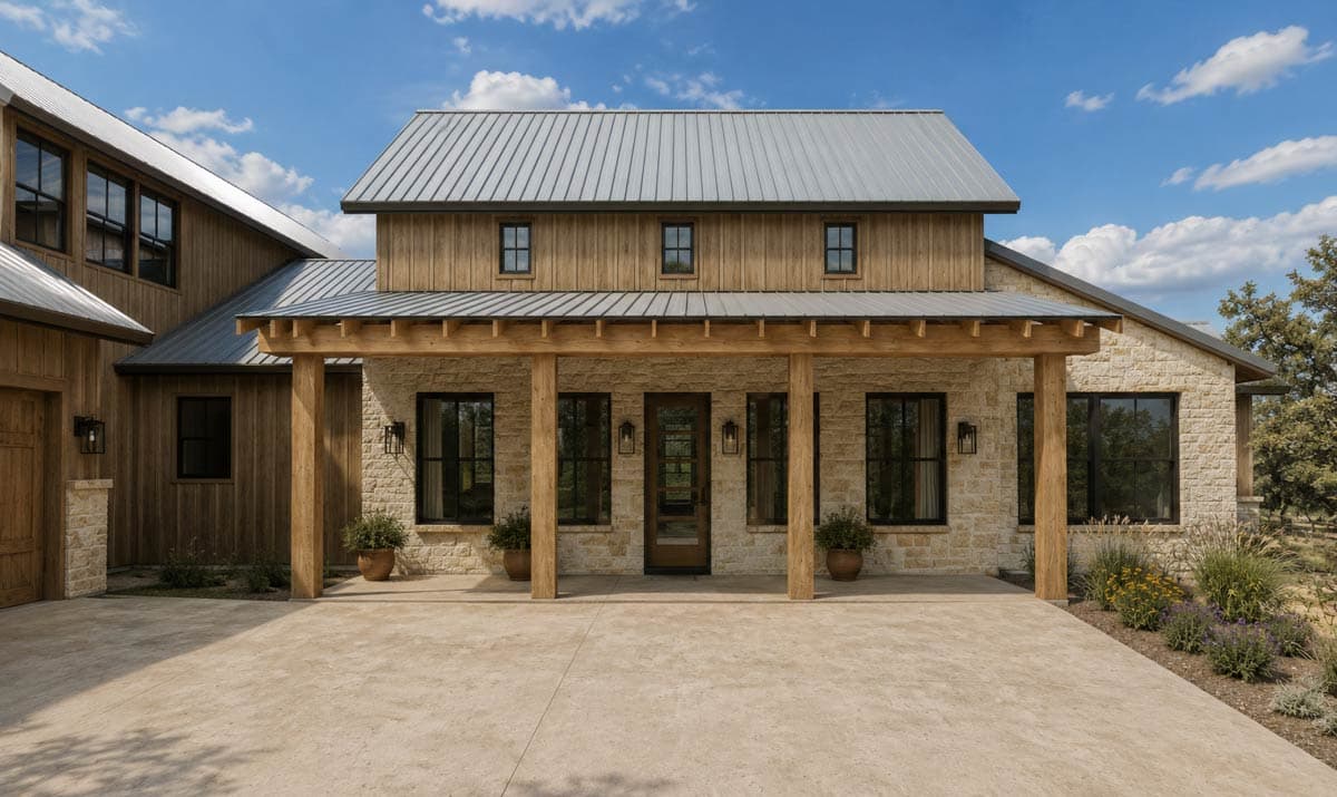 Modern farmhouse exterior with stone accents, metal roof, multi-story gables, covered porch, and three-car garage.