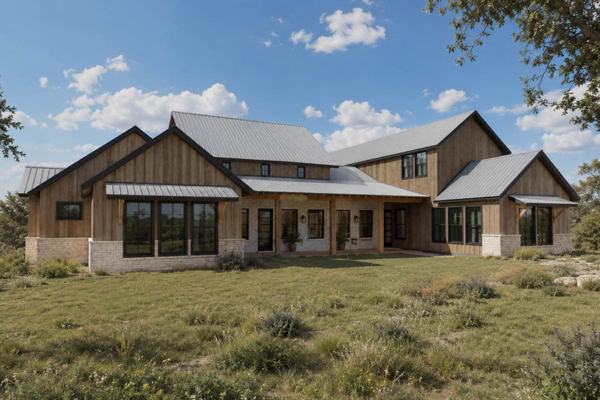 House plan exterior with stone and wood siding, metal roof, covered front porch, and a three-car garage.