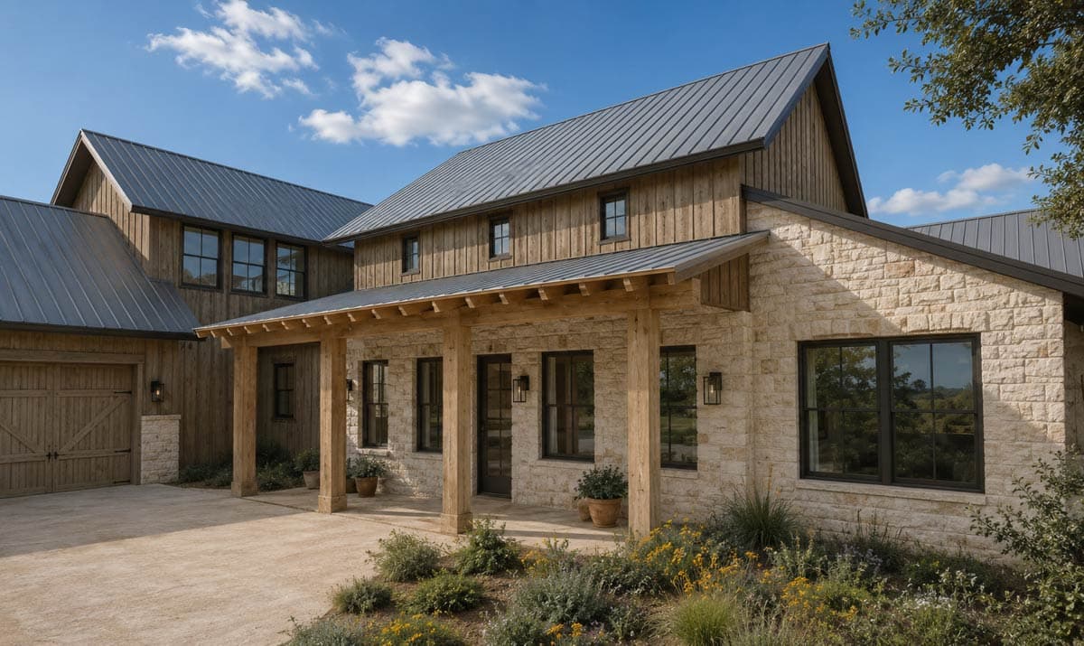 Modern farmhouse exterior with stone and wood siding, metal roof, large windows, and a covered porch.
