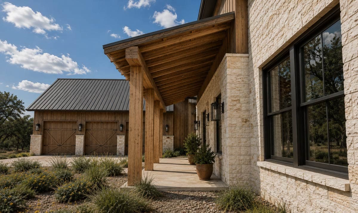 Modern Farmhouse house plan exterior with dark wood siding, metal roofs, covered porch, and pool.