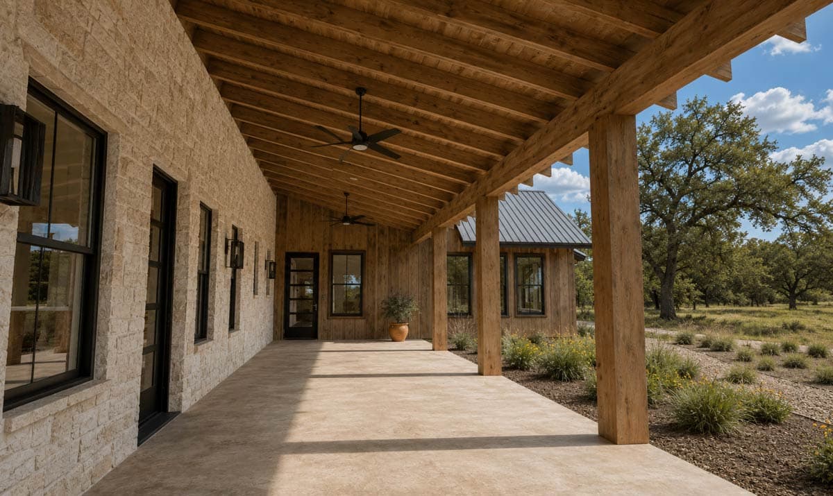 House plan exterior featuring a Modern Farmhouse style, metal roof, stone accents, covered porch, and attached three-car garage.