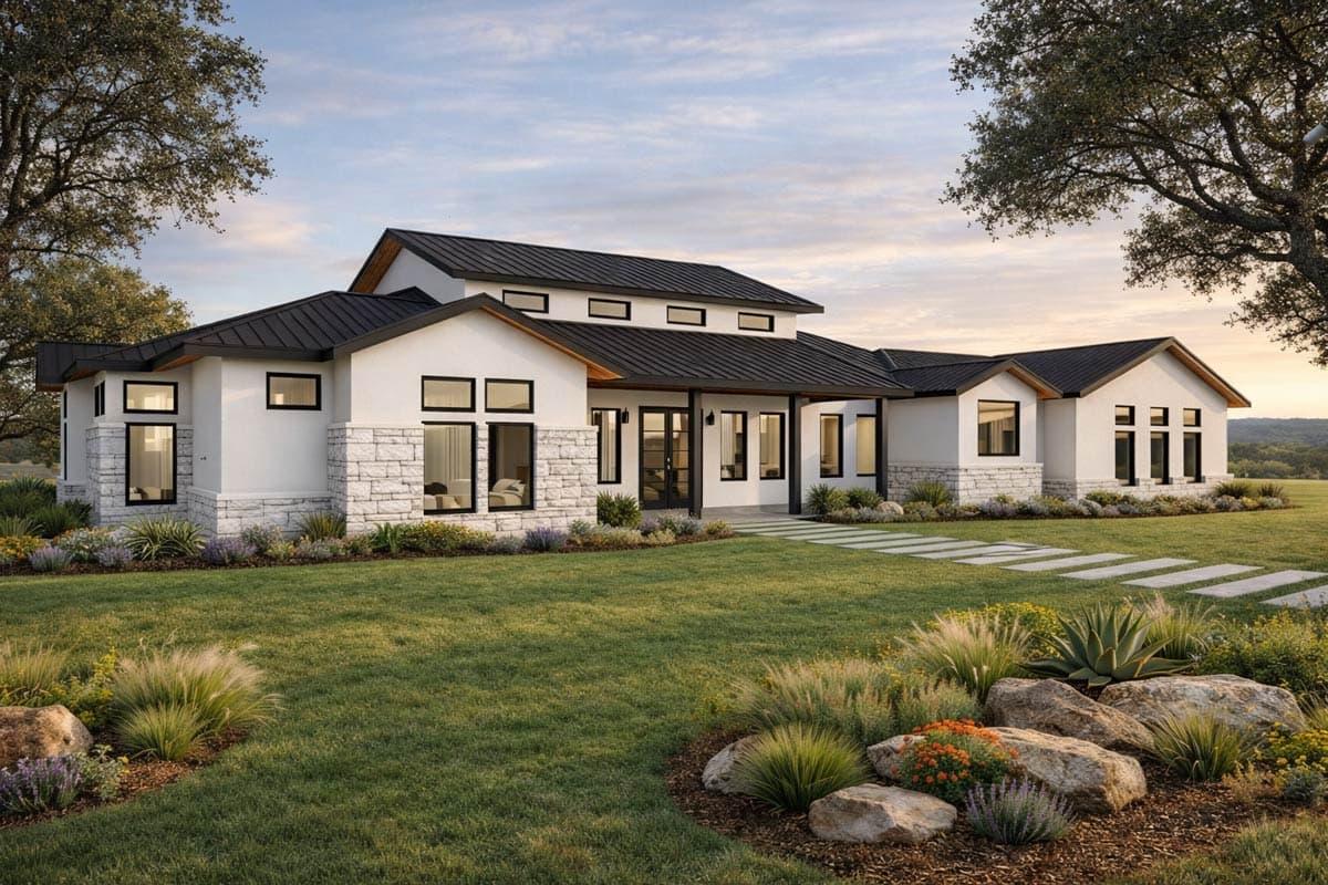 House plan exterior: Modern style, two stories, white stucco and stone, dark metal roof, covered entryway, many windows.