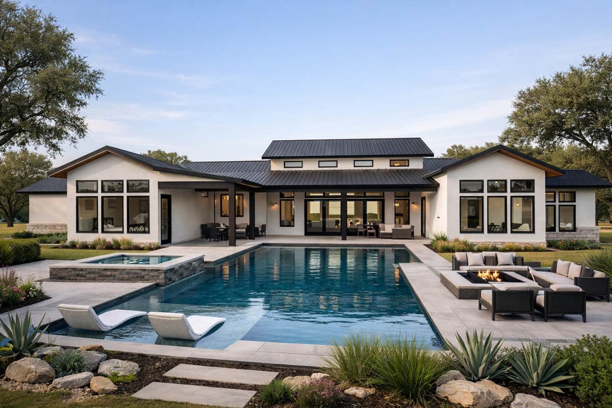 Modern house exterior with a metal roof, large windows, covered patio, swimming pool, and fire pit.