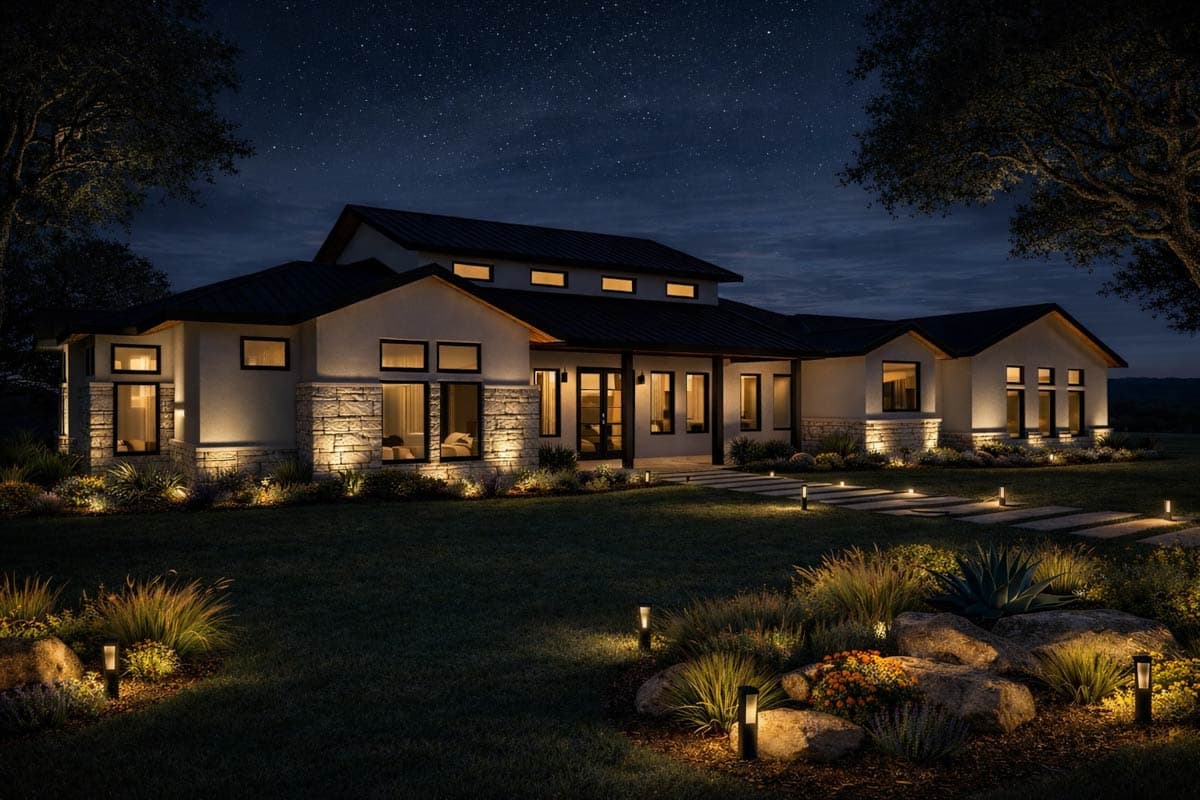 House plan exterior, modern style, one-story with stone accents, large windows, covered entrance, and black metal roof at night.