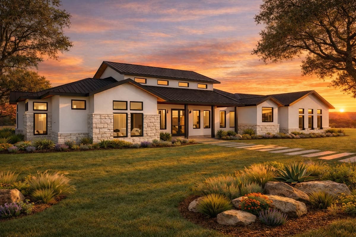 Modern ranch house plan exterior with stone accents, dark metal roof, numerous windows, and covered entrance.
