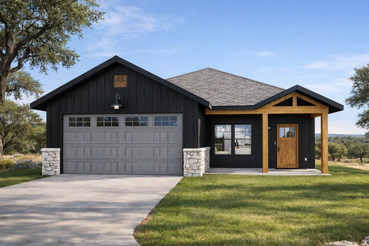 Modern Farmhouse house plan exterior with black board-and-batten siding, a gray garage door, and exposed timber porch.