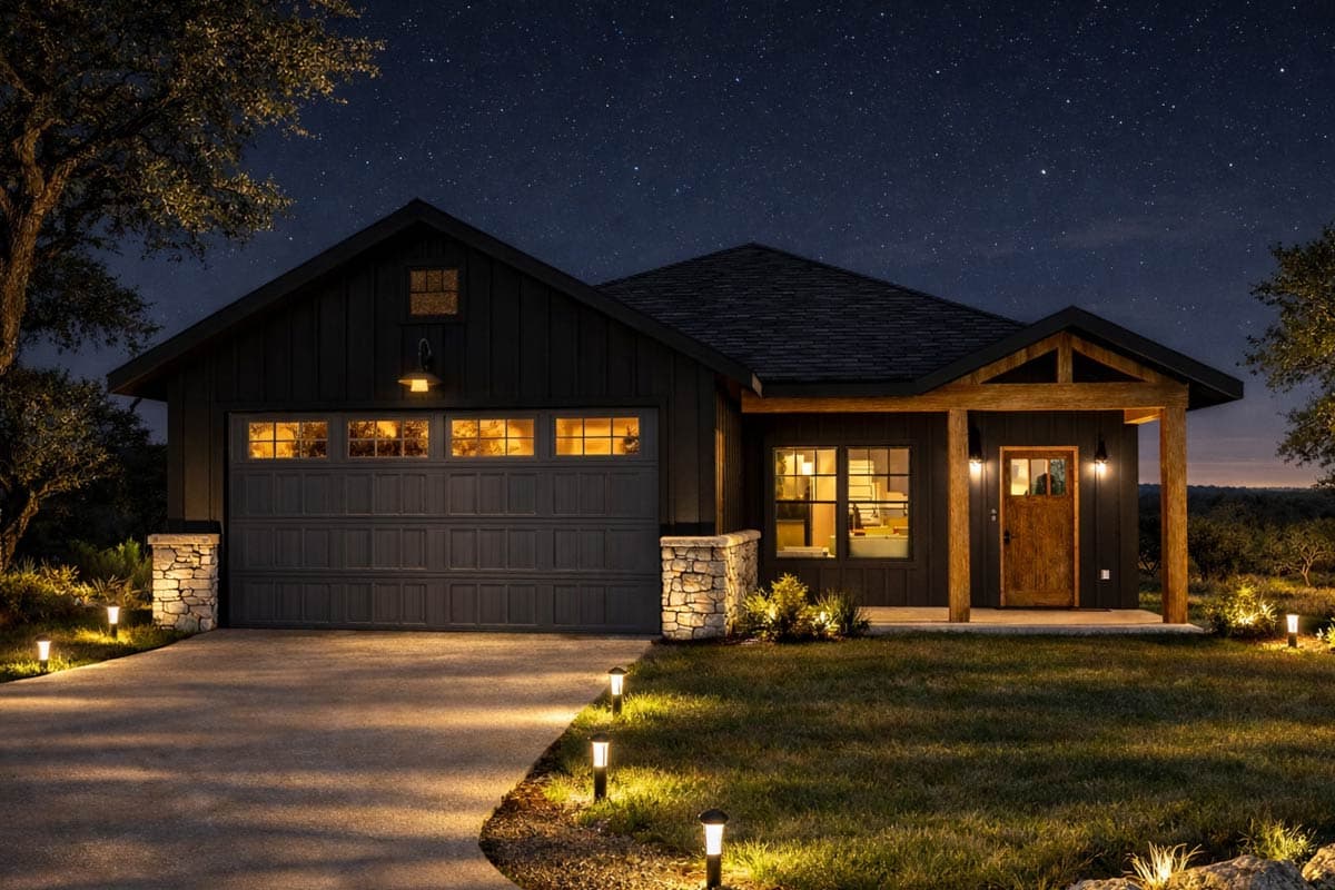 Modern Farmhouse style house plan exterior with board and batten siding, a gabled roof, a covered entry with exposed beams, and a two-car garage.