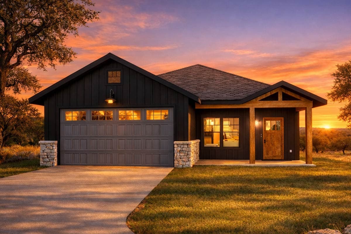 House plan exterior. One-story Modern Farmhouse with a gabled roof, timber-framed porch, and attached garage. Stone-clad pillar accents.