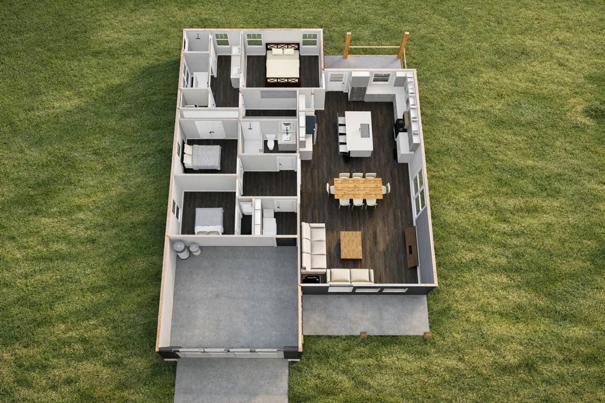 Main floor plan showing three bedrooms, two bathrooms, open living area, dining room, kitchen with island, and attached garage.