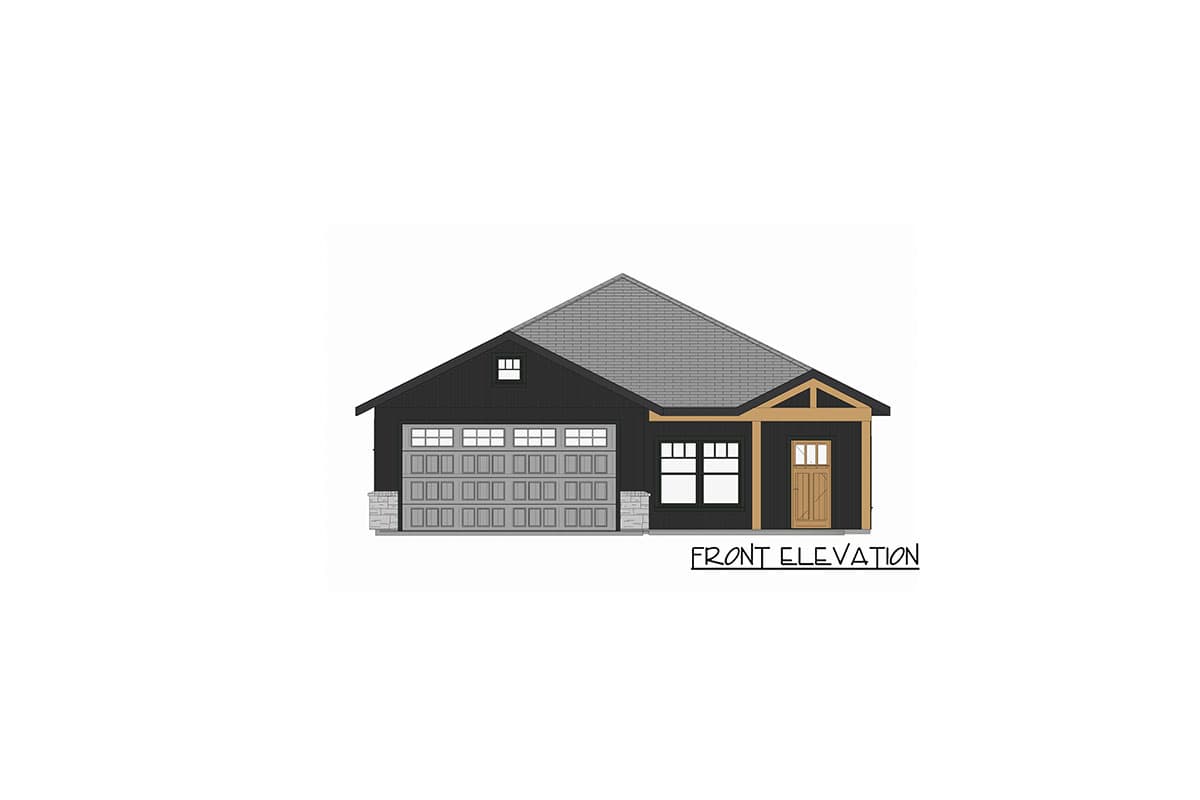 Front elevation drawing of a one-story house with a gable roof, attached garage, and covered entry.