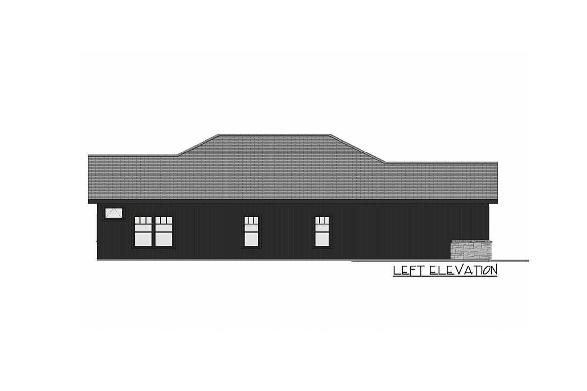 Left elevation drawing of a single-story house plan with a gable roof, horizontal siding, and multiple windows.