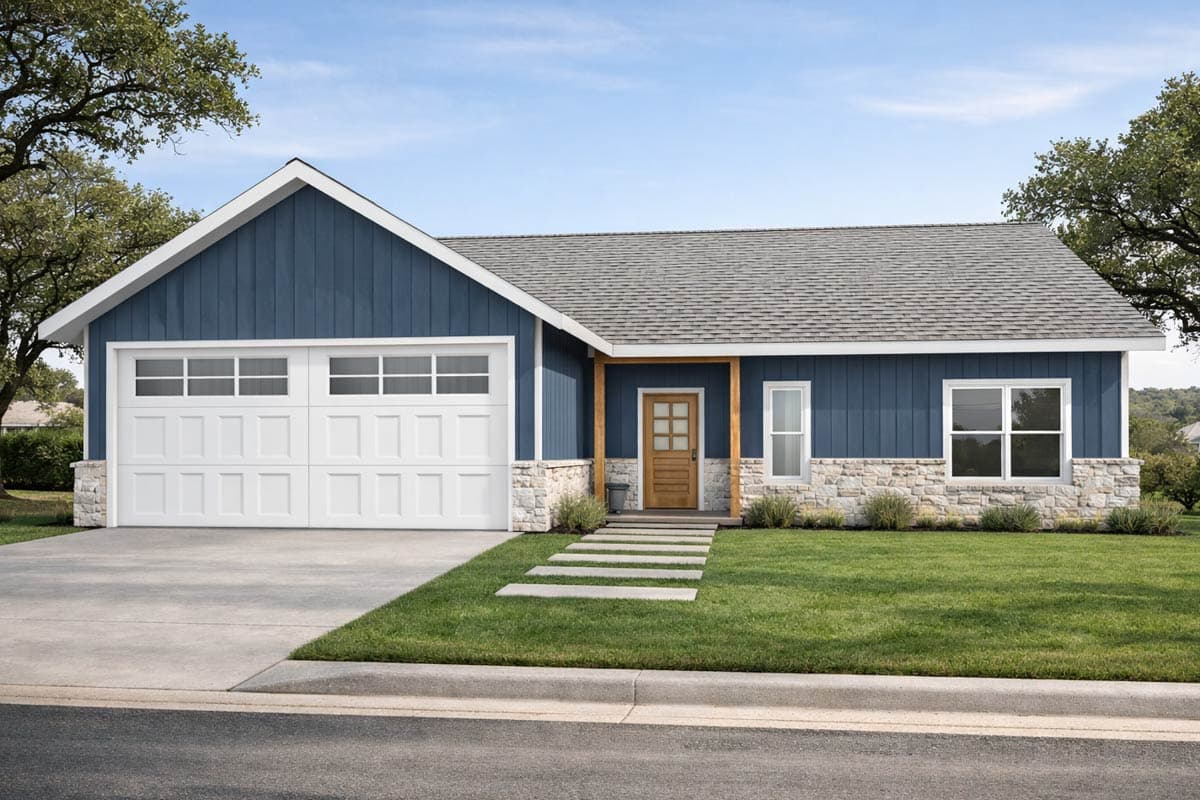 House plan exterior. Ranch style with a gabled roof, stone accents on the facade, and a two-car garage. Features a covered porch and white trim.