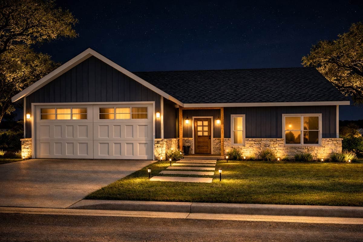 One-story house plan exterior with a dual-door garage, stone wainscoting, and a covered entry porch with wood columns.