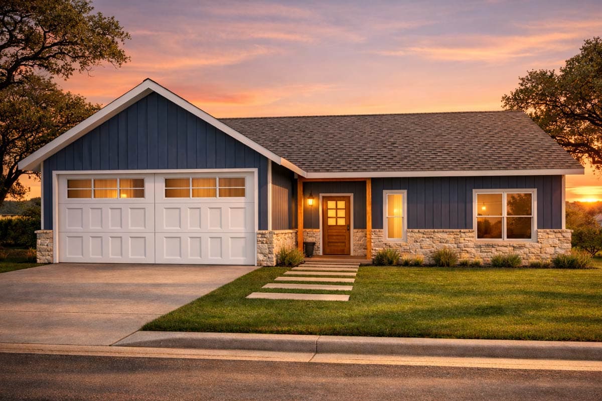 House plan exterior: one-story Modern Farmhouse with siding, stone base, wide garage door, and covered entry.