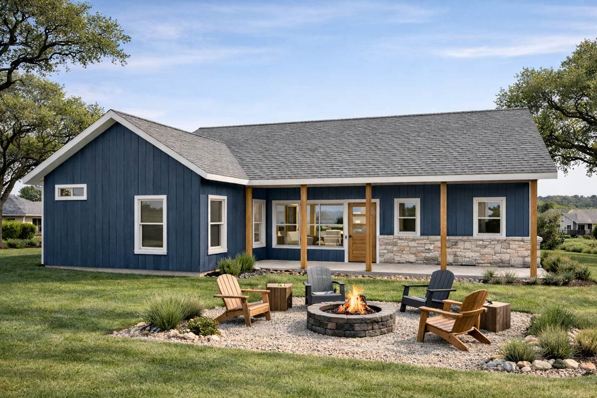 Ranch house plan exterior with blue vertical siding, stone base, exposed rafter tails, and covered porch.